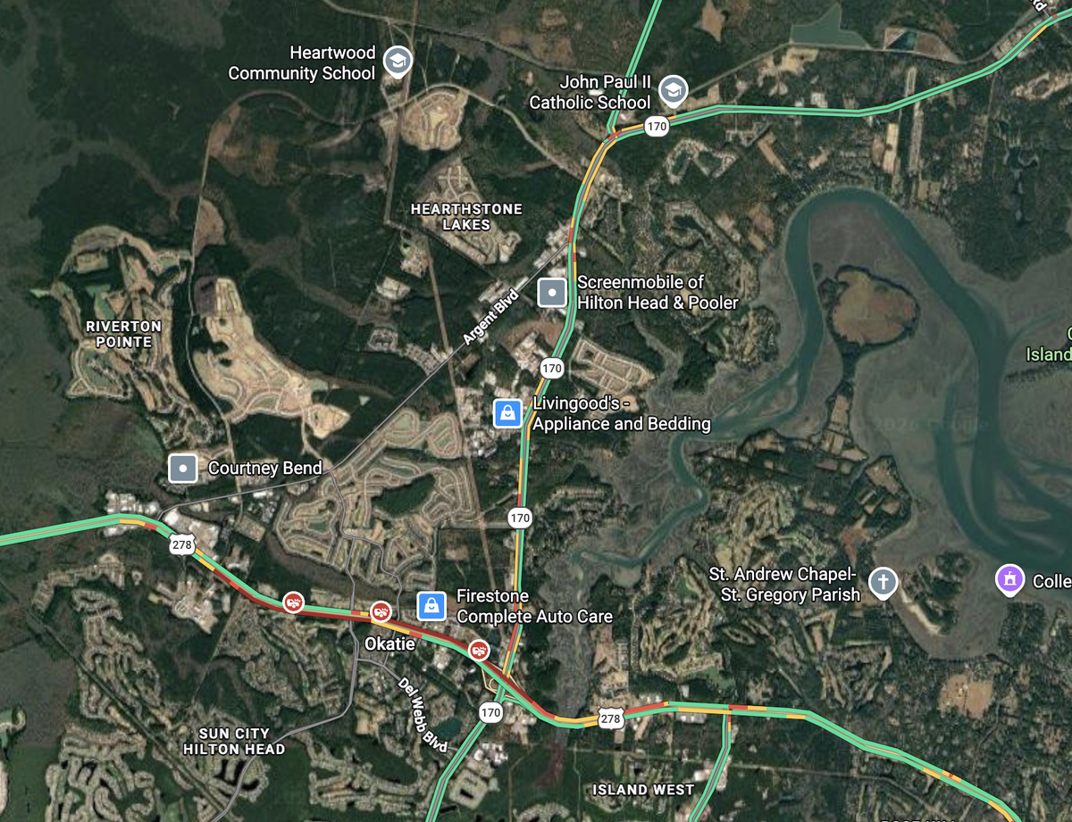 Traffic backups extended north up S.C. 170 and east into Bluffton town limits as of 3:50 p.m. on May 6, 2026, over an hour after a two-vehicle collision near the intersection of U.S. 278 and Sun City Boulevard.