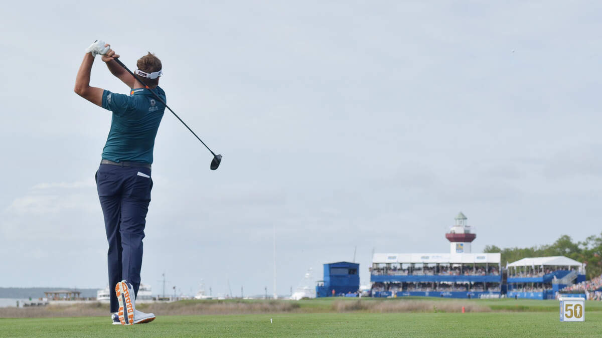 Third round leader Ian Poulter hits his tee shot on No. 18 during the third round of the RBC Heritage Presented by Boeing on Saturday at Harbour Town Golf Links on Hilton Head Island, S.C.