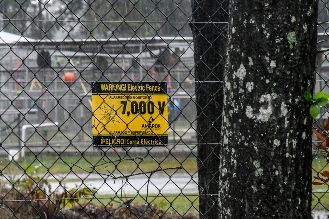 A sign warns of an electric fence as primates can be seen from Salkehatchie Road as they seek refuge in their enclosure from the rain as photographed on Nov. 7, 2024 in Hampton County, S.C. This expansion of Alpha Genesis was not the facility where the 43 female primates escaped from but is located about five miles from the Castle Hall Rd. facility which is located in the Town of Yemassee.