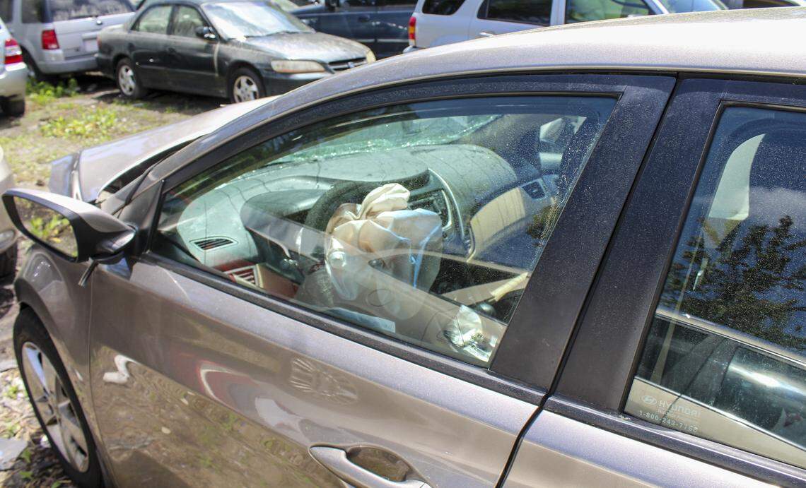 Bluffton resident Kaytlyn Pierce’s wrecked Hyundai two days after the April 9, 2019 accident in which Dulvin Garcia Roblero drove his truck across the center line after he had been drinking.