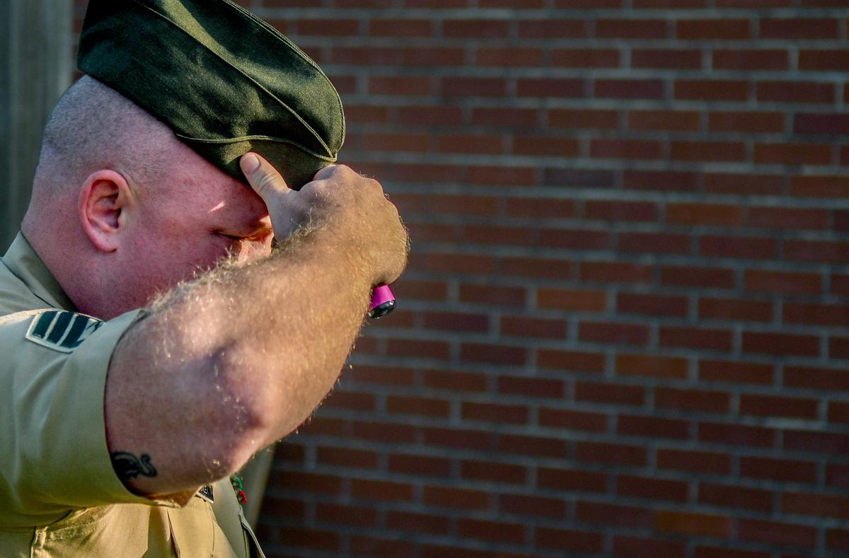 The sun blaring in his face, U.S. Marine Corps Staff Sergeant Steven Smiley arrives at Marine Corps Defense Services Organization Branch Office on Wednesday, July 26, 2023 in the continuation of his court martial on Marine Recruit Depot Parris Island. Smiley has plead not guilty to the charge of negligent homicide in the June 4, 2021 death of recruit Dalton Beals during “The Crucible.”&nbsp;