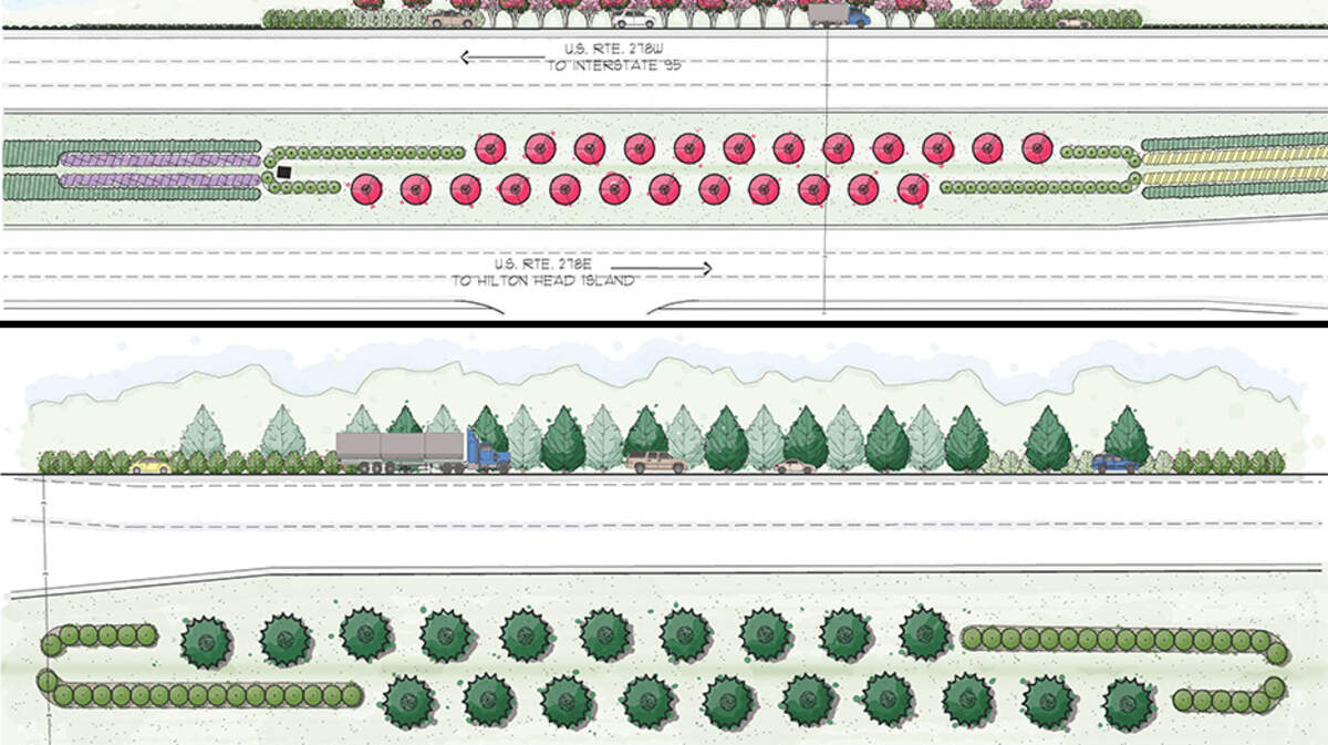 Drawings show two versions of planned median improvements for US 278 between I-95 and Hilton Head Island. Each version shows a side and overhead view.
