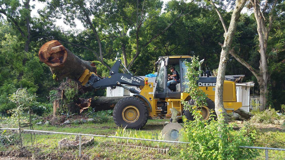 Workers with Lather Construction volunteered their time and equipment Wednesday morning to remove a large oak tree that fell on Beaufort resident Raymond Paige's home after a storm rolled through the area on the morning of Friday, July 3, 2015. Paige, a U.S. Army veteran and a retired civilian employee of Marine Corps Recruit Depot Parris Island, said he couldn\'t afford to remove the tree.