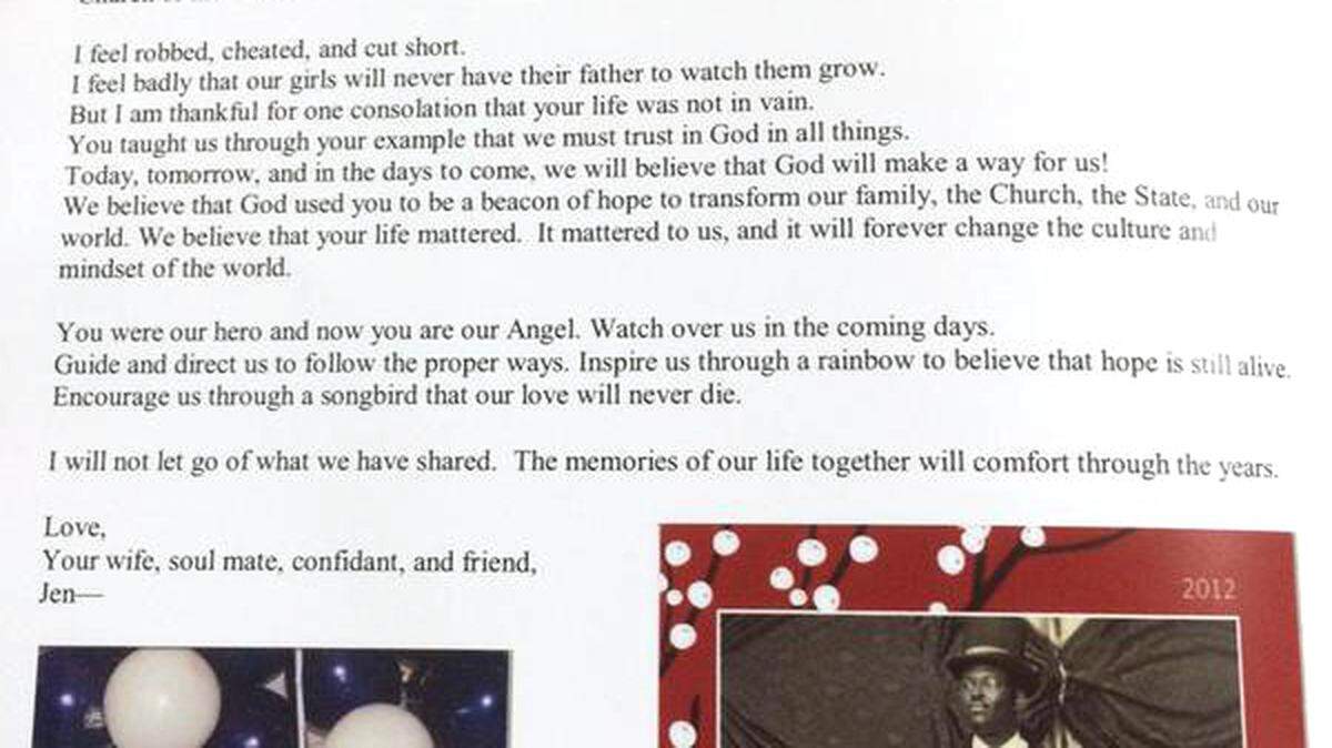 A message from Jennifer Pinckney to her late husband, Sen. Clementa Pinckney, was included in Clementa Pinckney's funeral program. Pinckney was to be eulogized by President Barack Obama at the event in Charleston's TD Arena on June 26, 2015.