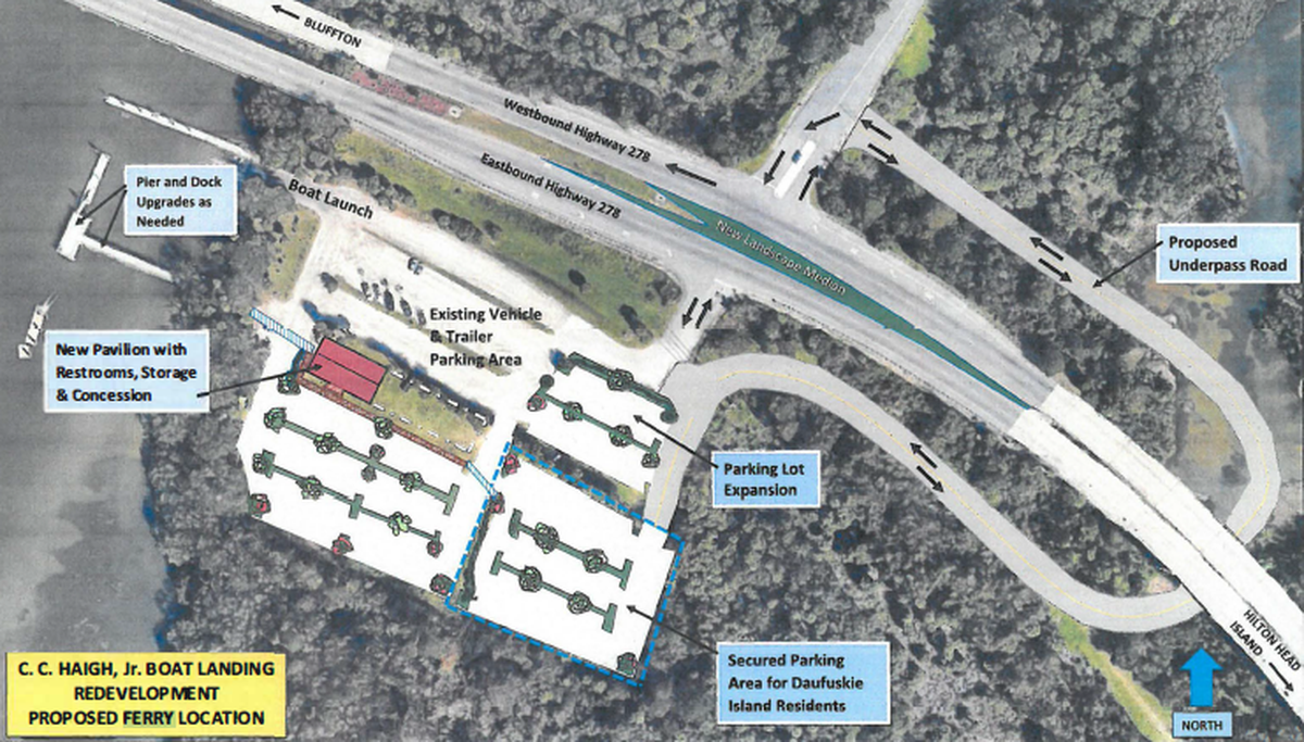Proposed redevelopment plans for C.C. Haigh, Jr. boat landing in a January 2020 public facilities committee agenda packet, including a proposed underpass road to address traffic concerns.