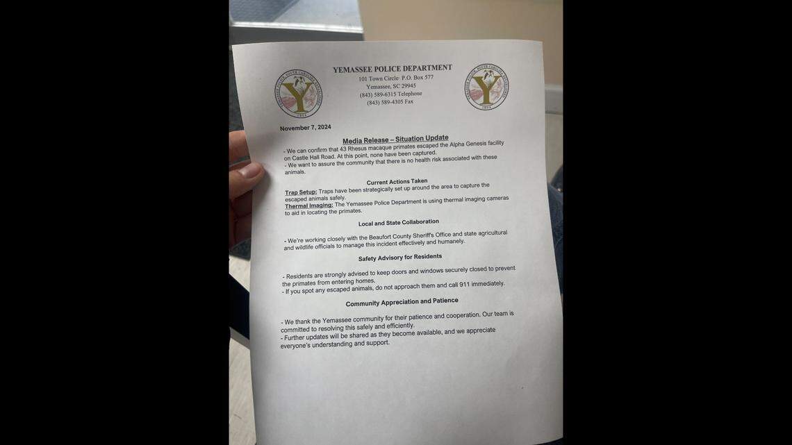 Yemassee police say the monkeys are not a public health threat but also advised residents not to approach them and to make sure their doors and windows are closed.