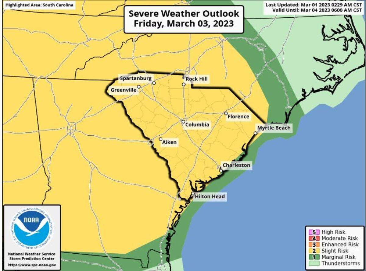 Severe weather outlook for South Carolina on Friday, according to the National Weather Service.
