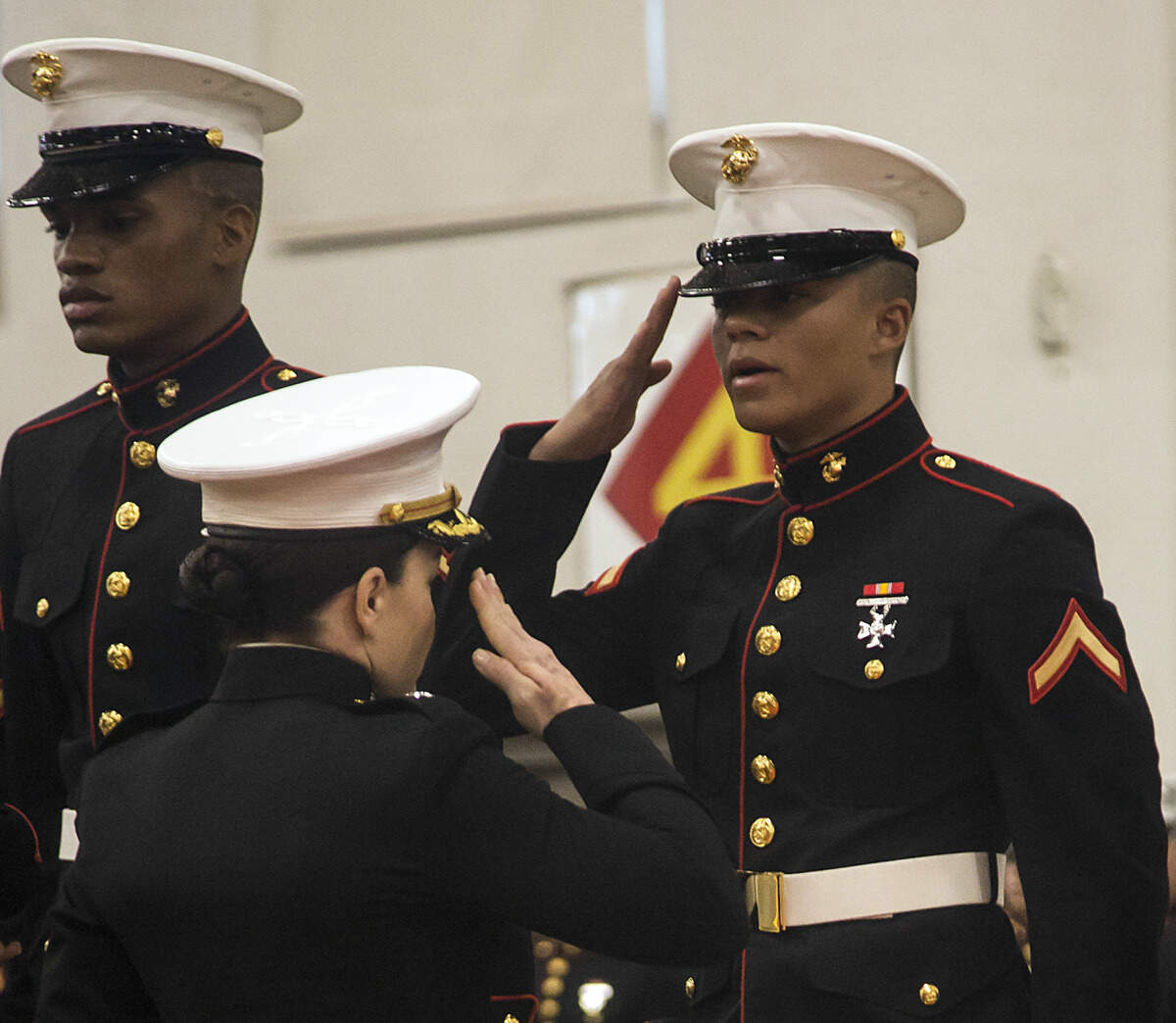 Pfc. Jalen Rooks, a Marine with Kilo Company, 3rd Recruit Training Battalion, salutes during his boot-camp graduation ceremony Friday, Dec. 14, 2018, at Marine Corps Recruit Depot Parris Island, S.C.