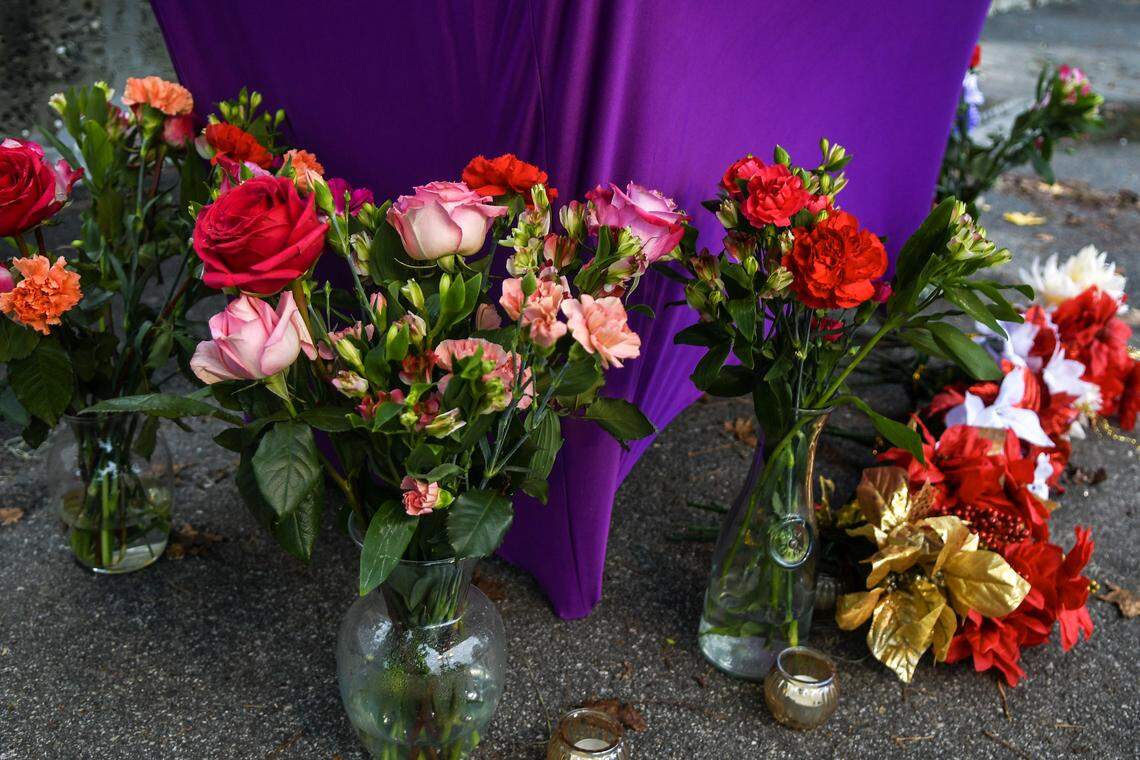 A memorial table was set up outside of Willie’s Bar and Grill as photographed on Oct. 13, 2025, after a mass shooting took place that killed four people outside the establishment two days earlier on St. Helena Island.