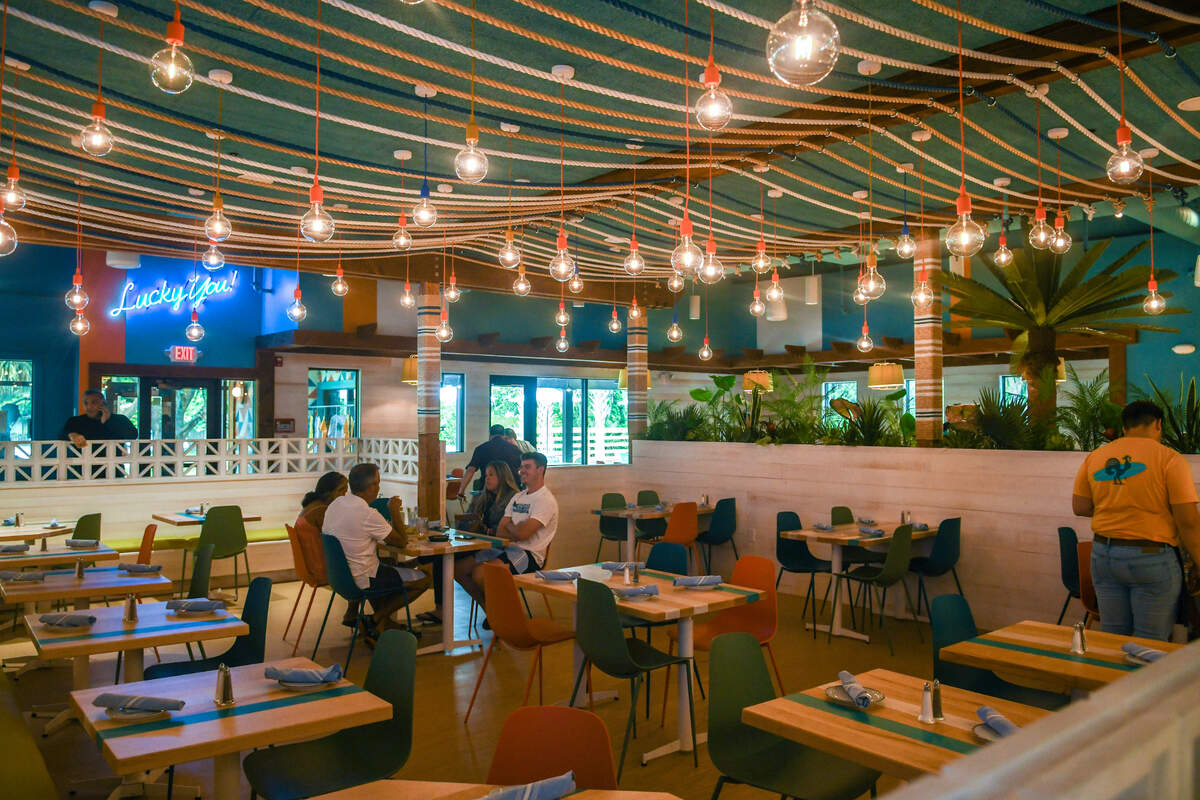 Hanging lights and colorful ropes create a fun beach vibe during a soft opening of Lucky Beach Bar and Kitchen on May 19, 2023, on Hilton Head Island. The restaurant will open Memorial Day weekend.