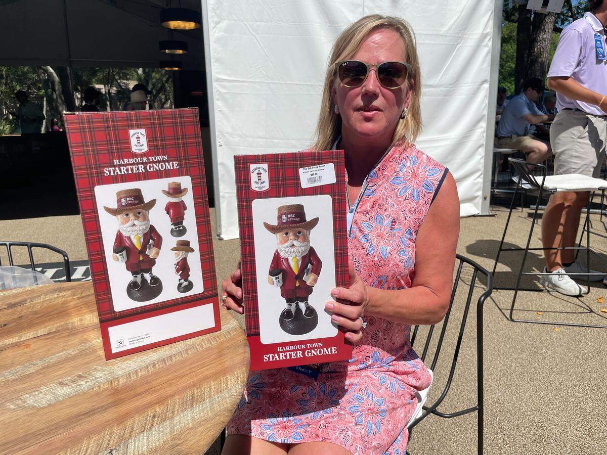 Sea Pines resident Charlee Windham shows the two RBC Heritage gnomes she purchased at this year’s tournament. One is for her, and one is for her stepmother, Windham said.