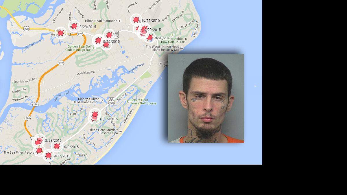 A map of many of the locations Beaufort County Sheriff's investigators say were burgled in a manner similar to the method they accuse Steven Crabtree, inset, of using. 