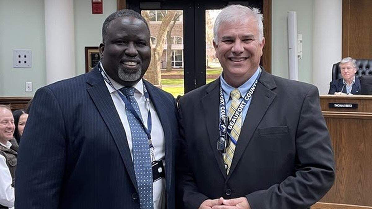Newly hired Parks and Recreation Director Eric Brown (left) with Interim Administrator John Robinson (right)