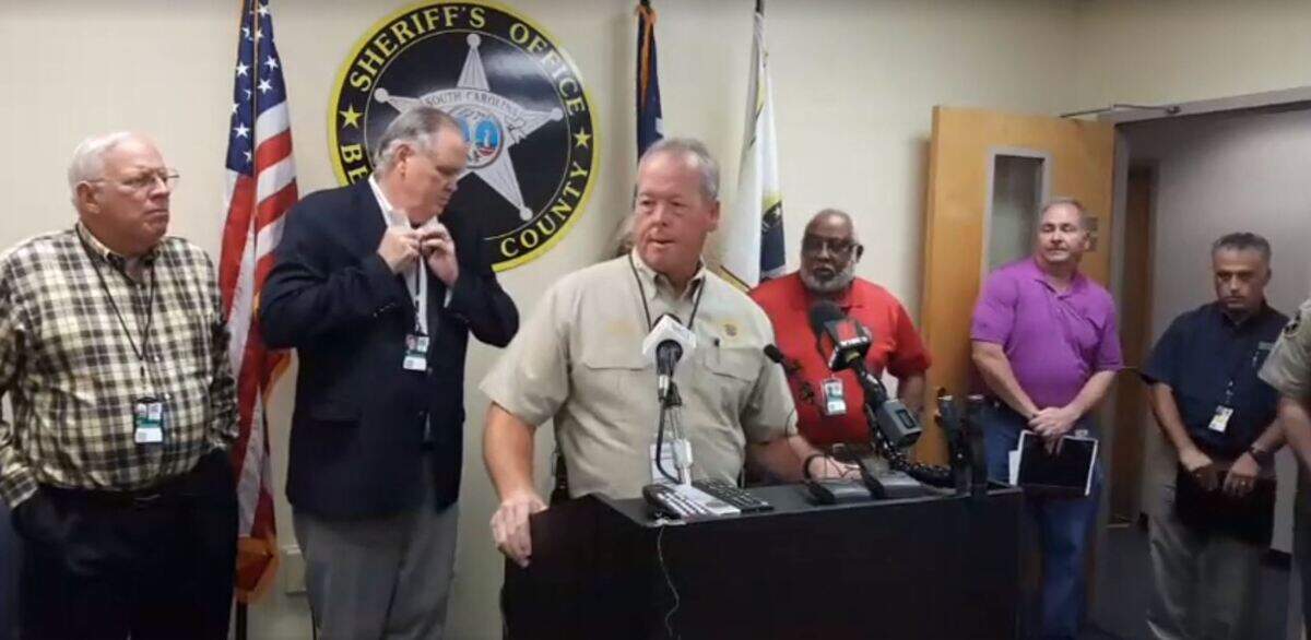 Beaufort County Sheriff P.J. Tanner, with county Coroner Ed Allen to the right of him in this photo, announced a curfew for Beaufort County ahead of Hurricane Dorian during his daily briefing Wednesday morning, Sept. 4, 2019.