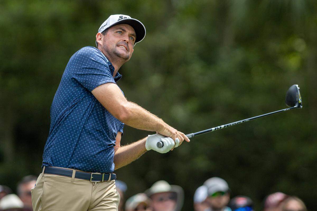 Keegan Bradley tracks his ball on the ninth hole during the second round of the RBC Heritage Presented by Boeing at Harbour Town Golf Links on Friday, April 18, 2025, in Sea Pines on Hilton Head Island.