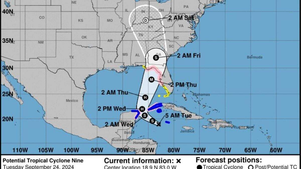 A static cone image of Potential Tropical Cyclone 9 on Tuesday morning, Sept. 24, 2024.