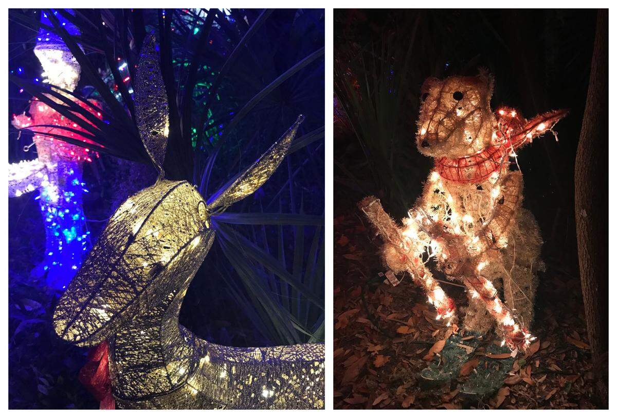 Fanciful figures glow with Christmas lights along Dove Street on Hilton Head.