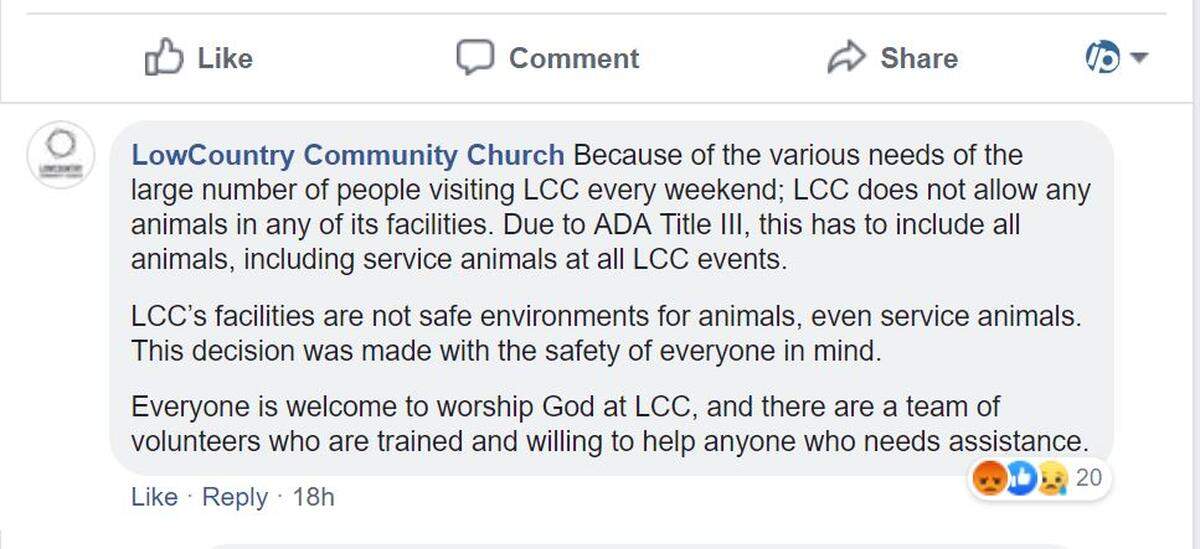 LowCountry Community Church’s response to new reviews on its Facebook page related to an incident with a service dog at their church.