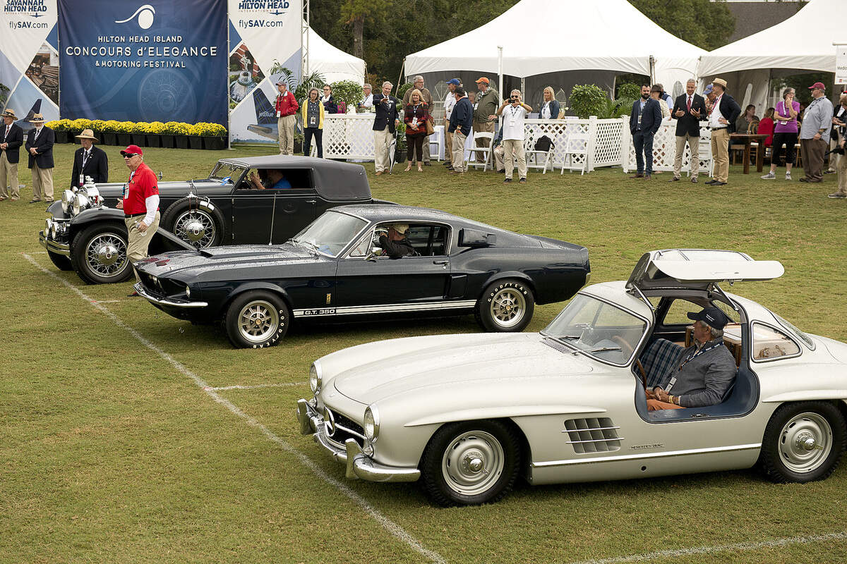 Back: The “Best of Show,” was awarded to New Jersey residents Joseph and Margie Cassini for their 1931 Stutz DV32 Convertible Victoria. The Cassini’s convertible was also chosen from the event’s Best Rolling Art vehicle. Middle: The Best Production/Performance vehicle – The Paul Doerring Founders Award was awarded to Kentucky residents Hunt and Pat Palmer-Ball for their 1967 American Shelby GT350 Fastback. Front: The Best Road & Track vehicle was awarded to North Carolina resident Jeff Files for his 1955 Mercedes-Benz 300SL Gull Wing.