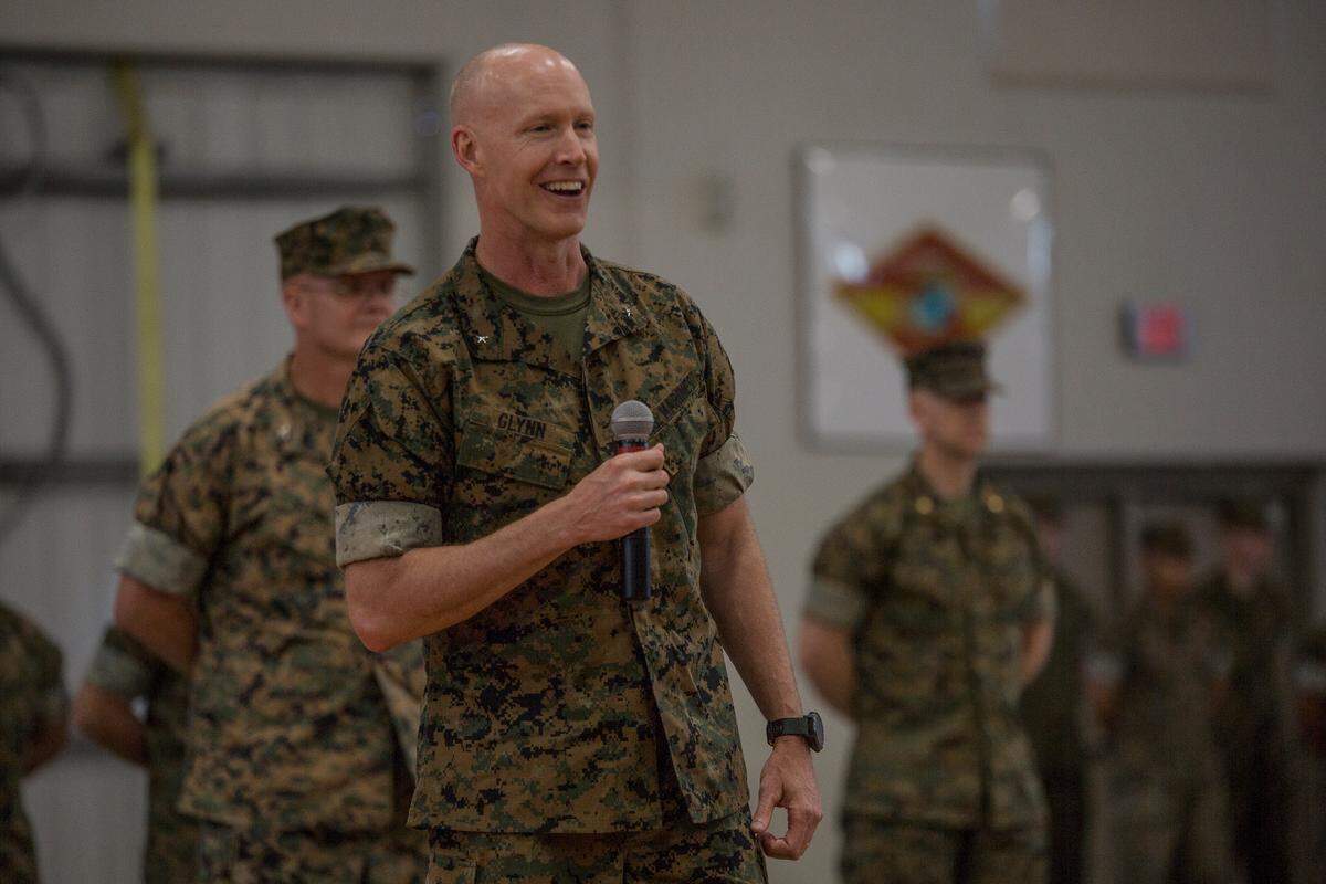 U.S. Marine Corps Brig. Gen. James F. Glynn, Commanding General of MCRD Parris Island, addresses guests and visiting dignitaries during a change of command ceremony June 15, 2018 on Parris Island, S.C.
