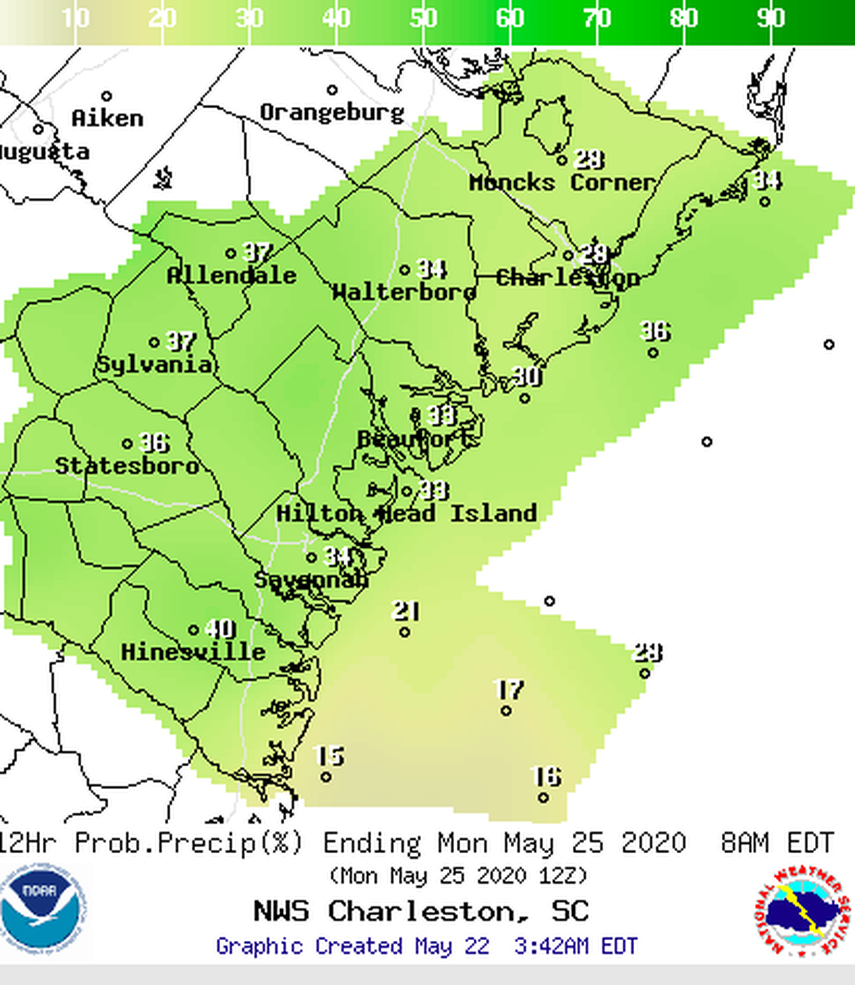 The forecast for Monday shows a sustained chance of rain all day.