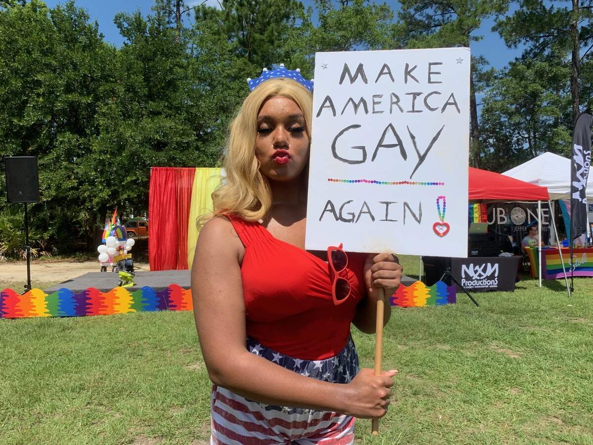 Blondie, of Bluffton, used a political pun on her sign. “I wanted it to be gay, I wanted it to be pride, I wanted it to stand out,” she said about her sign.