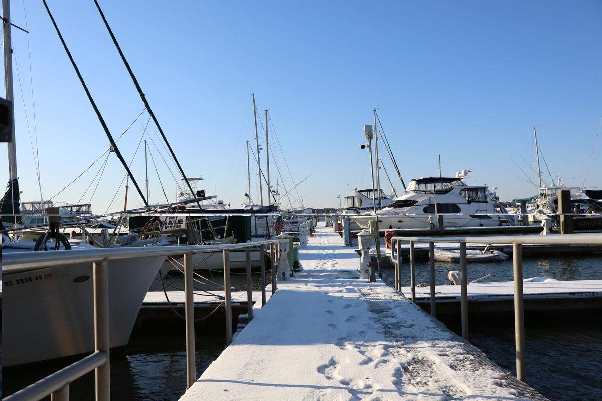 The walkways at Beaufort’s Safe Harbor were coated with white the morning of Feb. 1, 2026, after Beaufort County received 1 to 3 inches of snowfall overnight.
