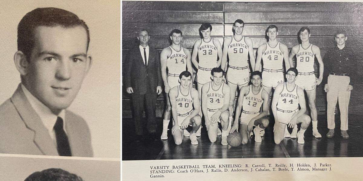 Left: Tom Reilley’s senior photo. Right: Tom Reilley poses with his basketball teammates at his high school in Warwick, Rhode Island.