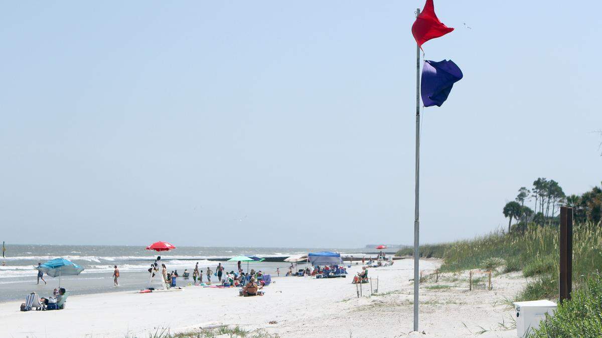 A purple flag flies indicating that there is dangerous marine life present.