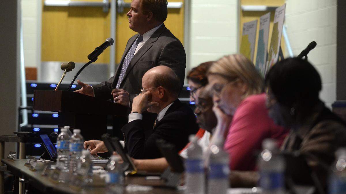 Beaufort County schools superintendent Jeff Moss answers questions during the fifth and final town hall meeting to discuss the proposed districtwide attendance zones on Monday night at Battery Creek High School in Beaufort.