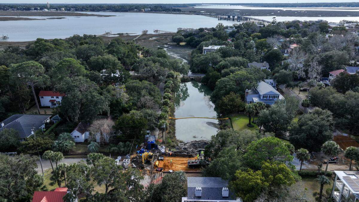 This drone photo shows the outfall for stormwater into a tidal creek of the Beaufort River near Charles Knott Park as photographed on Jan. 30, 2026, in The Point, a historic neighborhood in the City of Beaufort. Work to replace the aging infrastructure along King Street can be seen near the bottom of the photo.