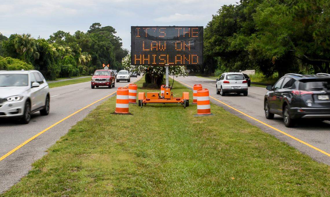 A digital billboard on U.S. 278 in front of the Beaufort County Sheriff’s Office, is one of several on Hilton Head Island informing residents and visitors that a face covering a legal requirement. The sign rotates the message: Please be safe. Wear a mask. It’s the law on HH Island.