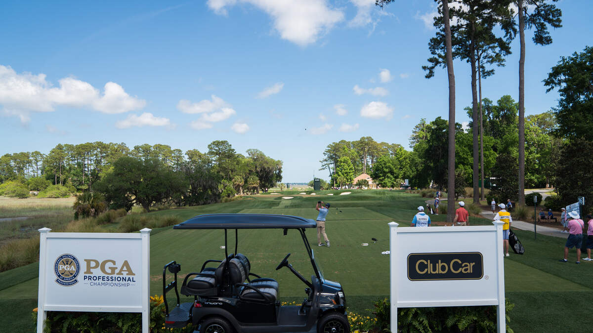 Shawn Warren hits his tee shot on the 16th hole during the third round for the 52nd PGA Professional Championship held at Belfair on April 30, 2019 in Bluffton, South Carolina.