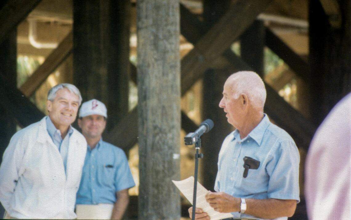 Philanthropist Philip Rhodes speaks at the unveiling of the University of South Carolina Beaufort’s Barrier Island Research Facility that he paid to be built on Pritchards Island.