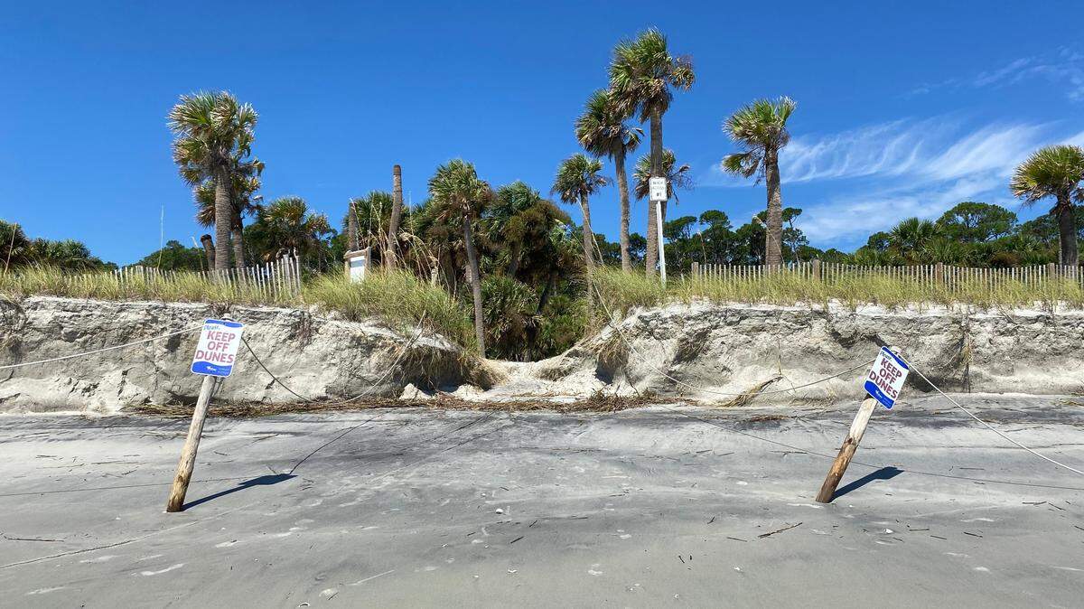 Dune erosion at Beach Access #1 at Hunting Island’s south beach post-Tropical Storm Idalia in Beaufort County, South Carolina, on Friday, Sept. 2023.
