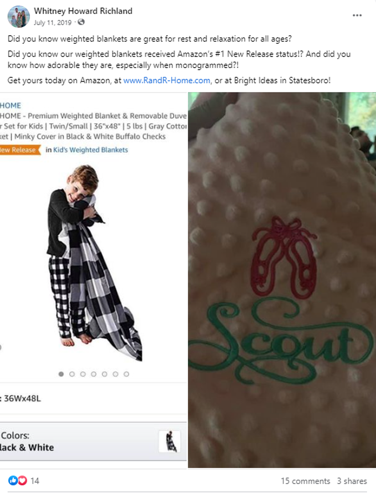 A facebook screenshot showing Deputy Administrator Richland promoting her weighted blankets.