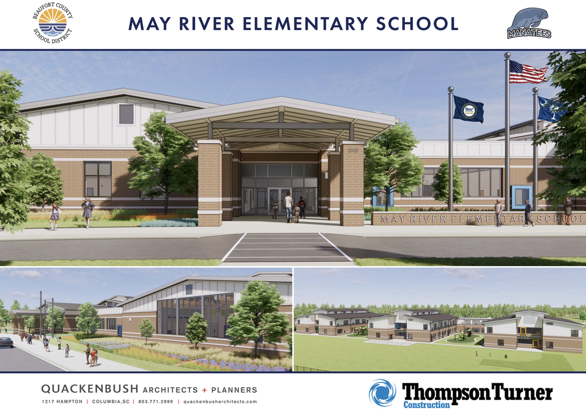 Rendered image of May River Elementary School, set to open for the 2027-2028 school year. Designed by Quakenbush Architects and constructed by Thompson Turner Construction.
