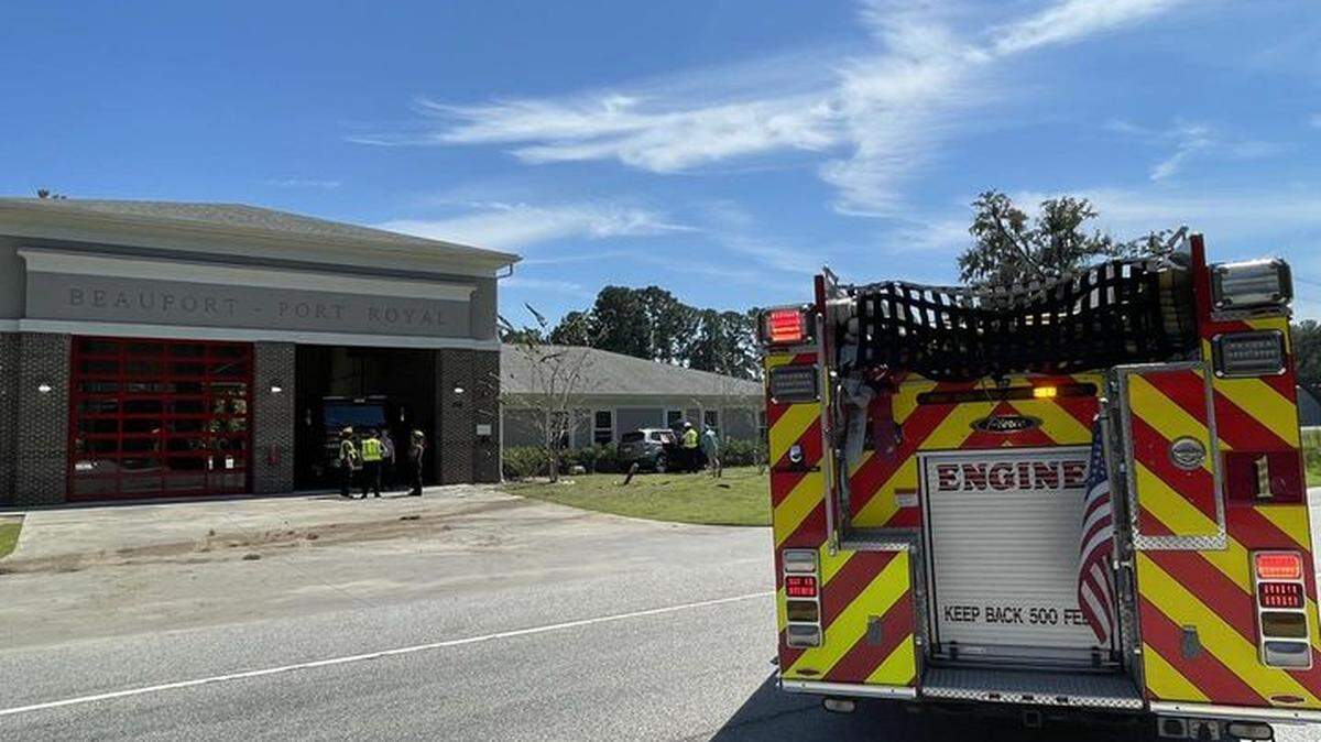 A car veered off the side of Robert Smalls Parkway and crashed into a Beaufort/Port Royal fire station Tuesday afternoon after colliding with another vehicle on the highway. Both drivers were taken to the hospital with non-fatal injuries.