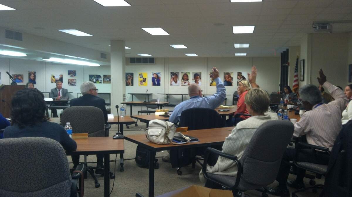 The Beaufort County School Board votes on the motion to uphold the superintendents recommendation to dismiss Phillip Shaw from his employment with the district. The vote passed 8-2-1, with Michael Rivers and JoAnn Orischak opposing and Evva Anderson abstaining.
