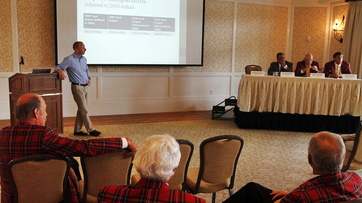 Theophil Syslo, Staff photo 
Dr. Bob Brookover, of Clemson University, speaks during a press conference where they released the findings of an economic impact survey conducted by Clemson University?s International Institute for Tourism Research and Development during the 2014 RBC Heritage Presented by Boeing held by the Heritage Classic Foundation at Sea Pines Resort at the Plantation Club's Magnolia Room on September 16, 2014.  Visitor spending data was collected during the 7 day PGA TOUR tournament on Hilton Head Island with help from the University of South Carolina- Beaufort?s Department of Hospitality Management. To watch a video, go to:?http://bit.ly/1gf1c6W