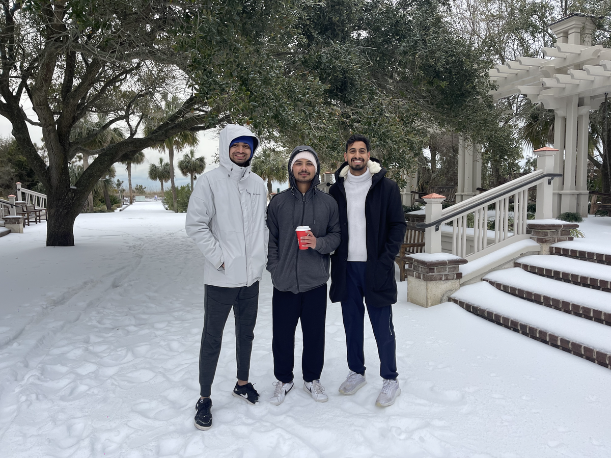 Keder, Tejas and Kuldeep saw snow for the first time on Wednesday. They posed for a photo together at Coligny Beach on Hilton Head Island.