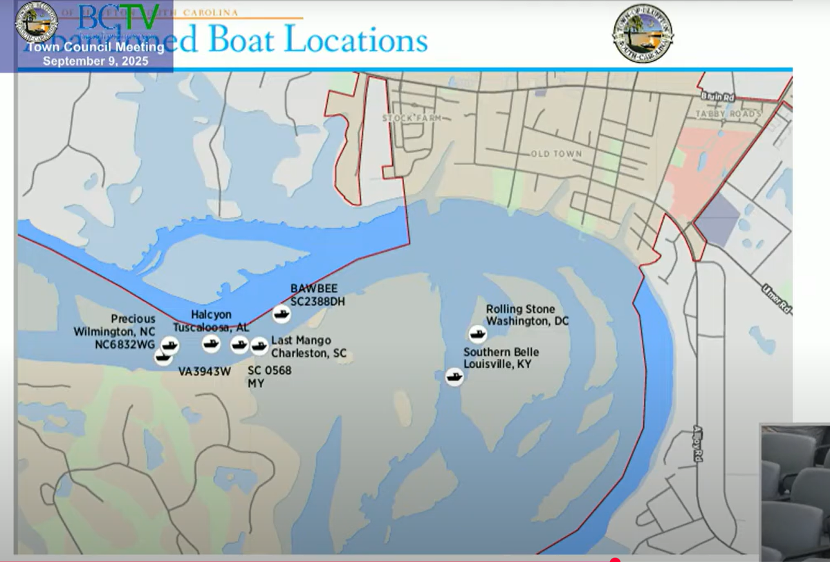 A map of abandoned boats that washed up on Bluffton shores in 2024.