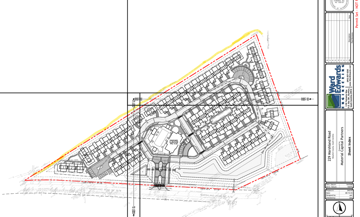 Site plans for a 58-unit townhome long-term rental community at 229 Marshland Road show how close the development will be to the bank of the creek, highlighted in yellow here.