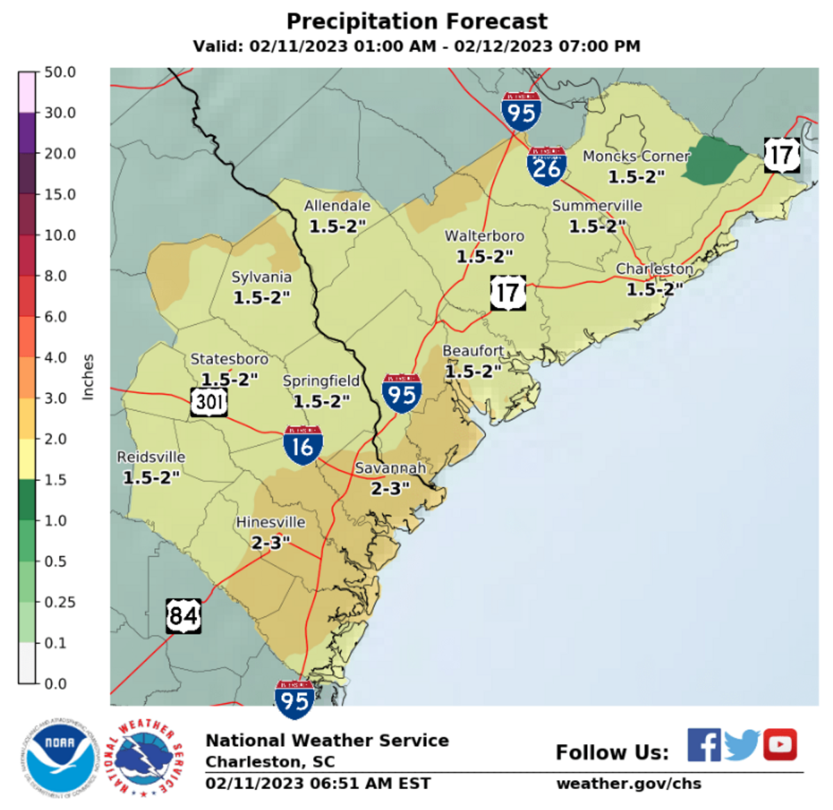 Heaviest rains could coincide with high tides, raising the risk of flooding Saturday evening and Sunday morning, according to the National Weather Service.