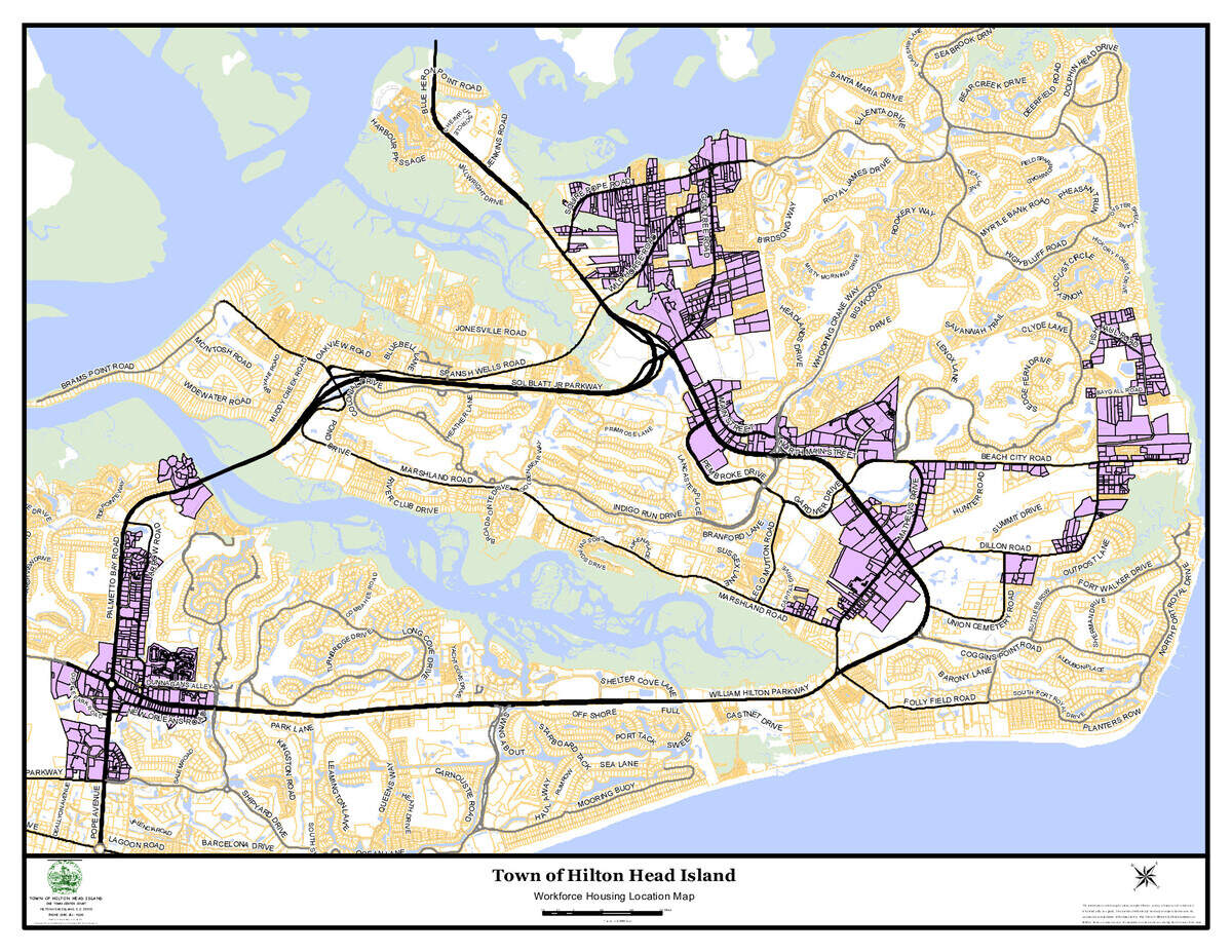 The areas in purple reflect proposed areas for workforce housing on Hilton Head Island.