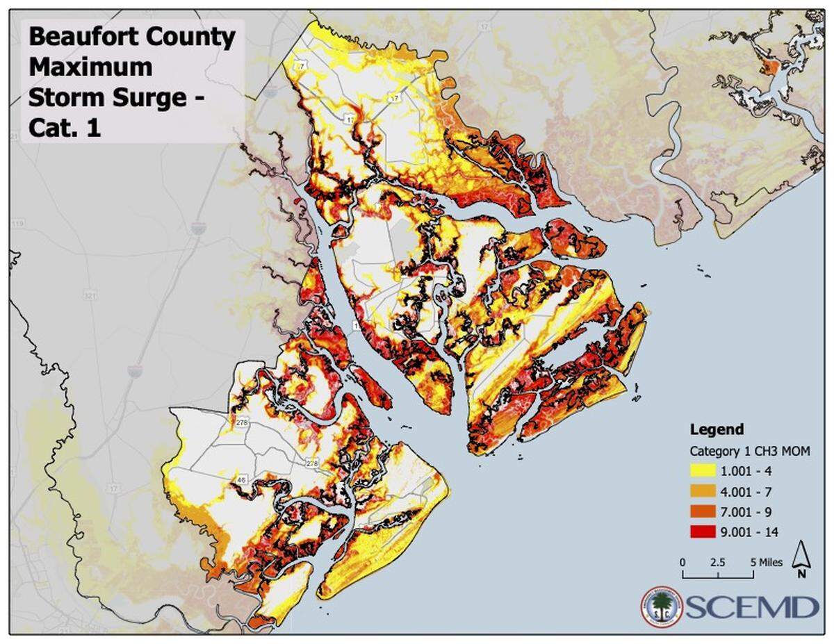 A map shows the areas of Beaufort County that are most at risk of storm surge.