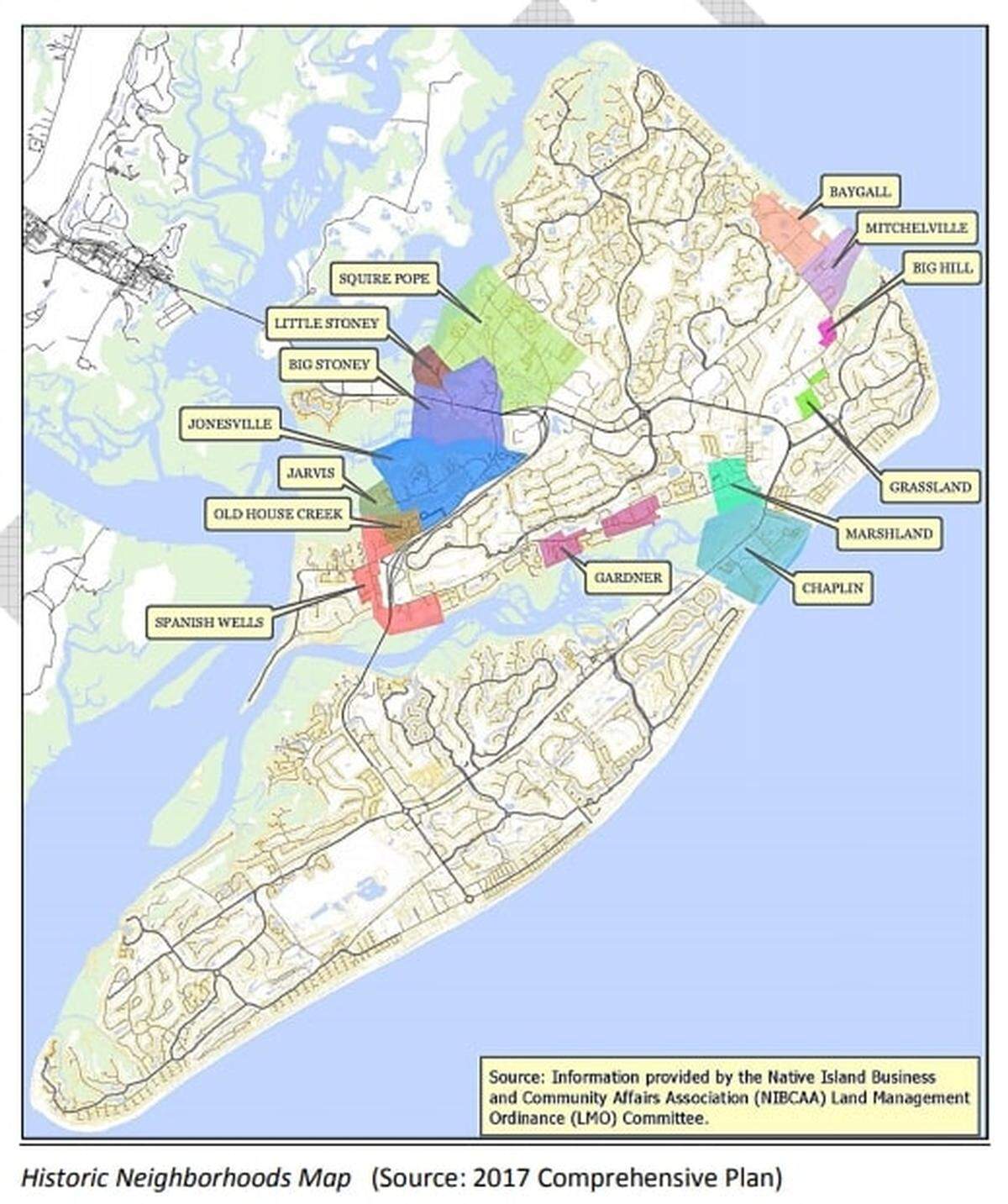 A map of historic Gullah neighborhoods on Hilton Head Island.
