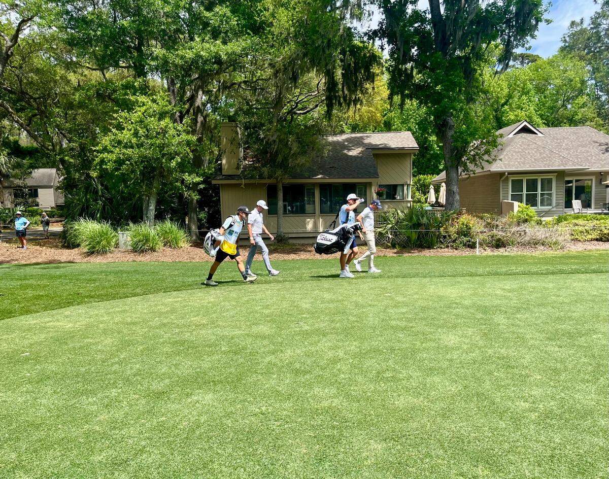 Justin Thomas walking between the 1st and second holes on Friday, April 18, 2025 at RBC Heritage Presented by Boeing