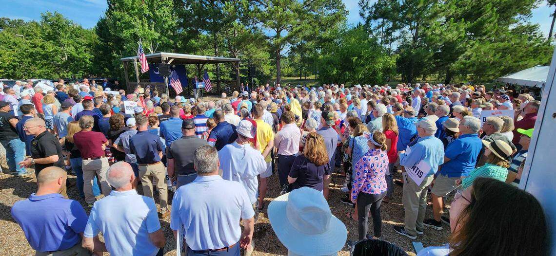 An overflow crowd gathers on Friday, June 2, 2023, outside Okatie Ale House in Bluffton, South Carolina, for Ron DeSantis’ presidential campaign stop.