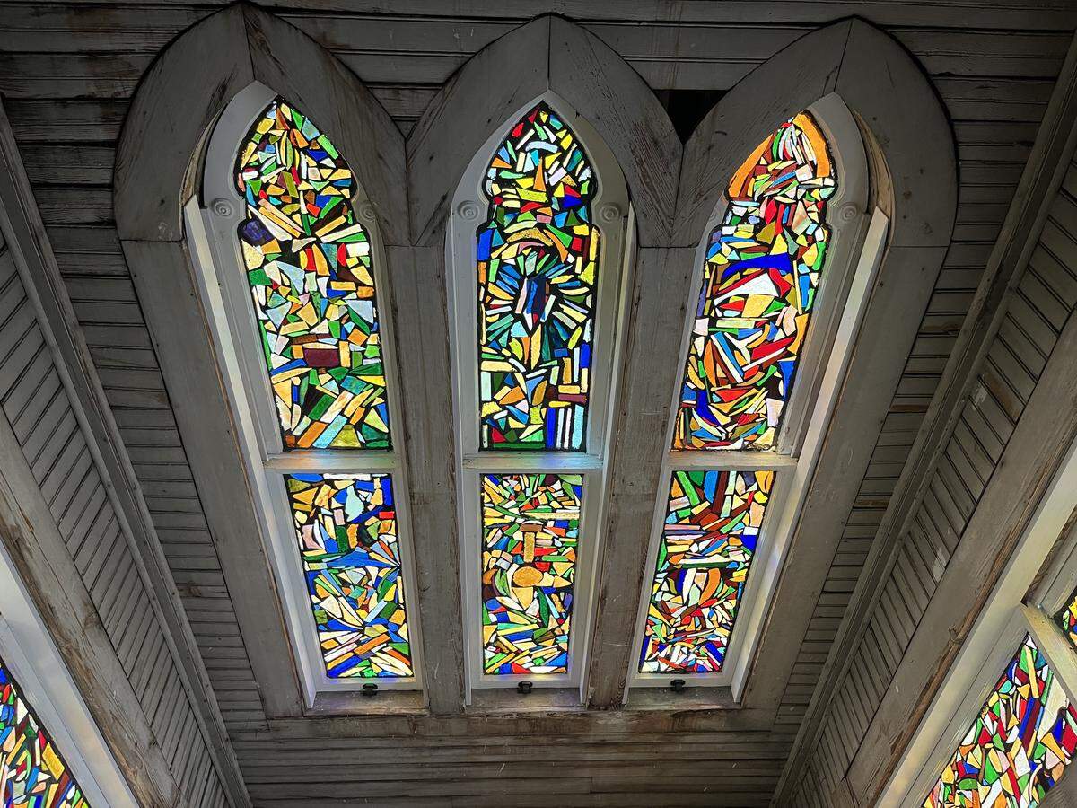 Reglazing stained glass windows was part of a steeple restoration at Tabernacle Baptist Church in Beaufort.